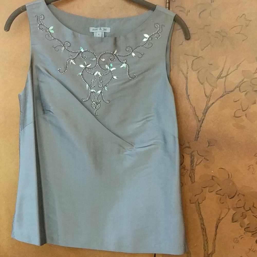 Mac & Jac Gray 100% Silk Embellished Top